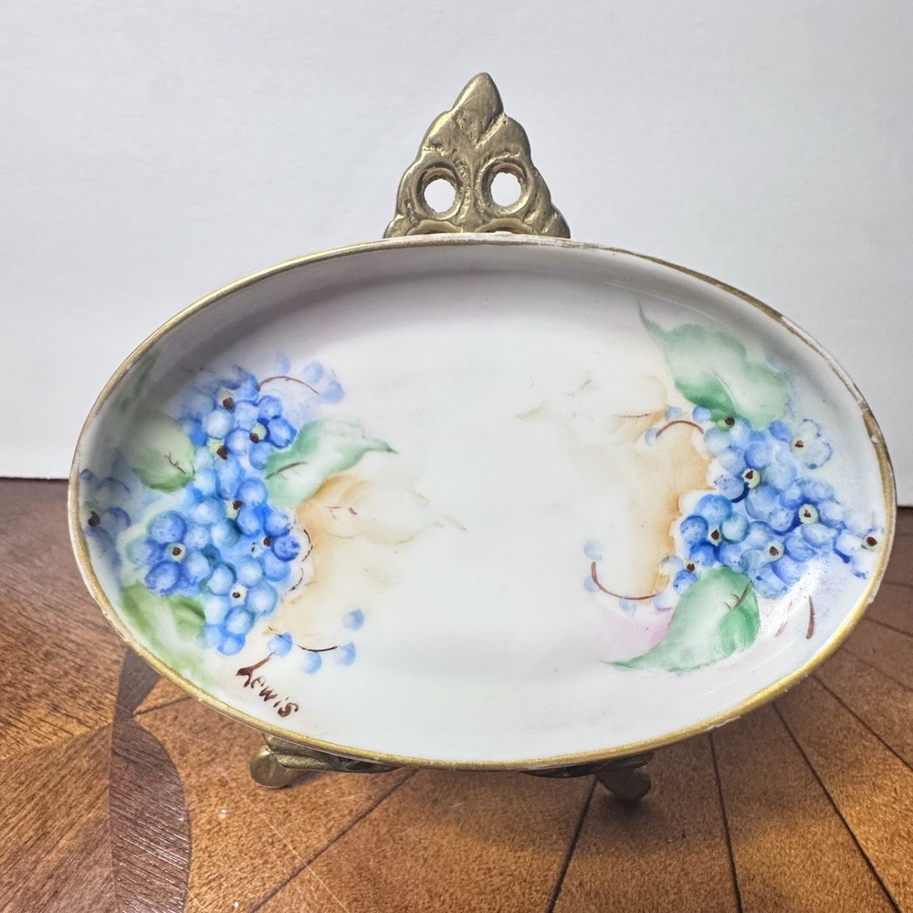 Hutschenreuther Bavaria Vintage Hand Painted Blue Floral Porcelain Trinket Tray